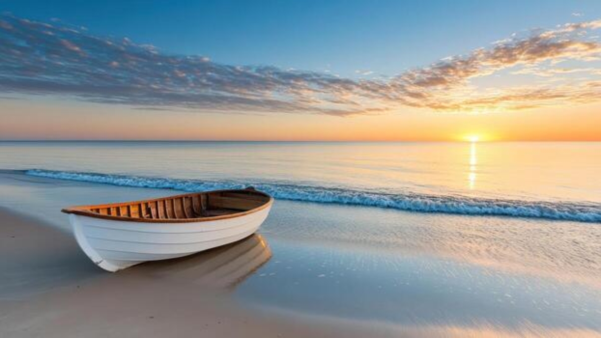 small-fishing-boat-anchored-on-tranquil-beach-at-sunset-free-photo