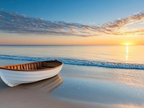 small-fishing-boat-anchored-on-tranquil-beach-at-sunset-free-photo
