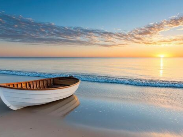 small-fishing-boat-anchored-on-tranquil-beach-at-sunset-free-photo